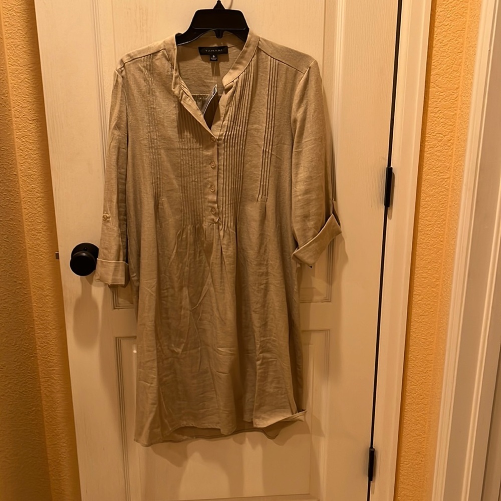 NWT beige linen blend pleated front dress